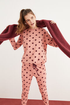 Womensecret Pyjama long 100 % coton cœurs et pommes rose