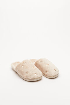 Womensecret Sand coloured furry slider slippers in star design with rubber soles nude