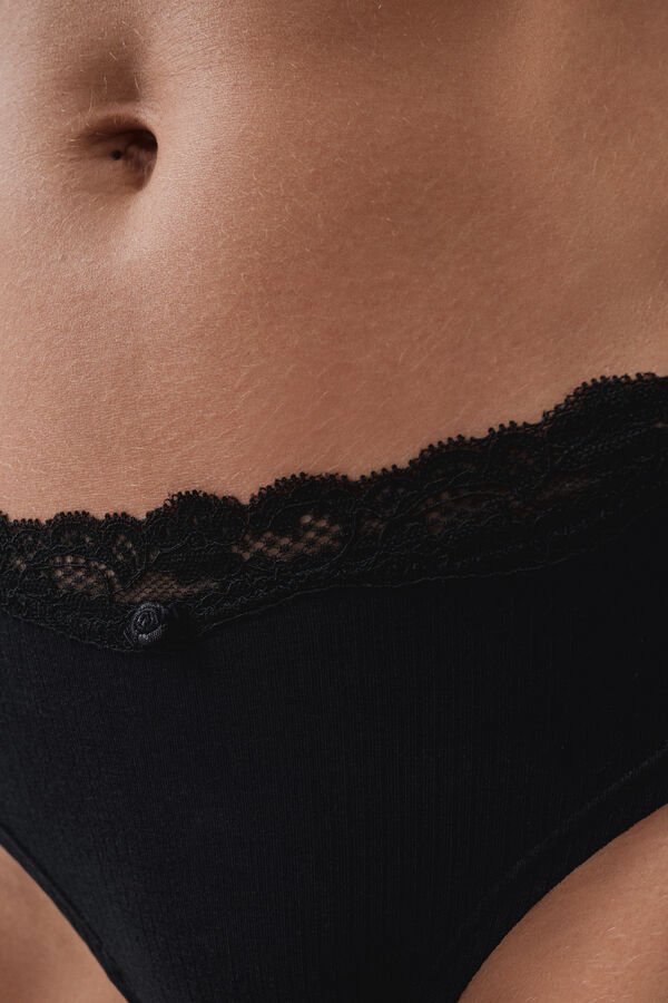 Women'secret Blue ribbed cotton wide panty black