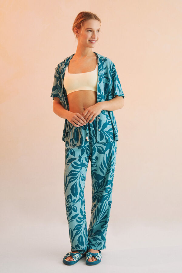 Womensecret Pijama camiseiro comprido estampado azul estampado