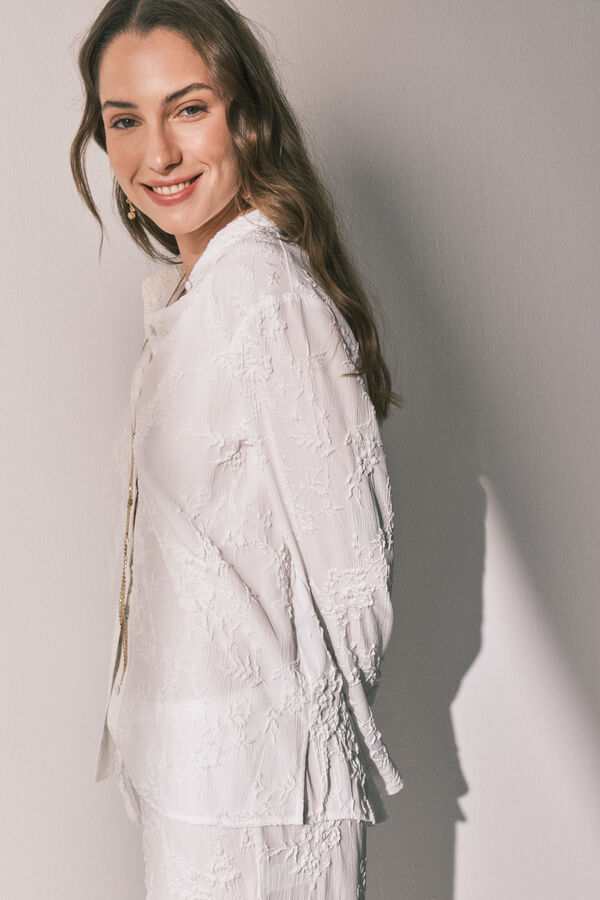 Women'secret Long satin jacquard shirt pyjamas in White beige