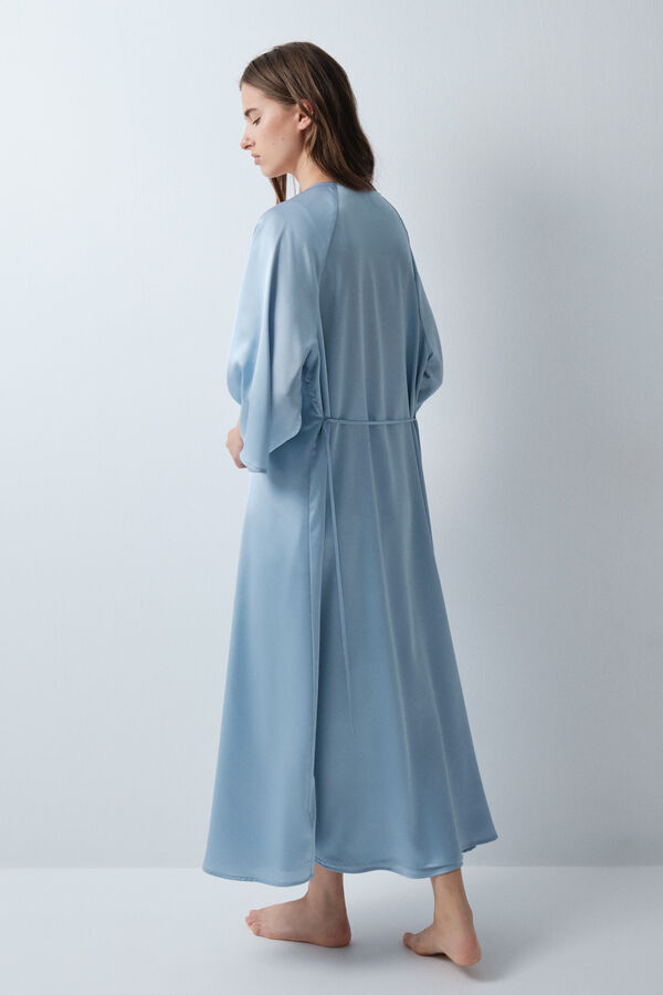 Women'secret Satin-finish puffed sleeve long robe blue