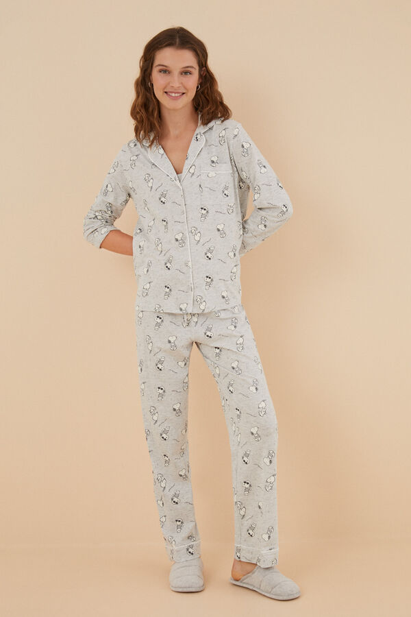 Womensecret Langer Pyjama Hemdlook 100 % Baumwolle Snoopy Grau