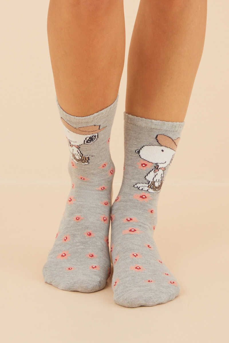 Womensecret Floral Snoopy Cowboy cotton mid-calf socks grey
