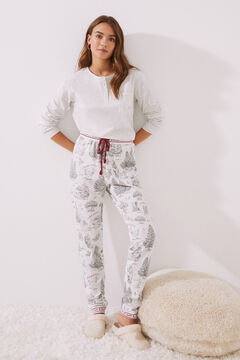 Womensecret Long beige printed trousers in 100% cotton white
