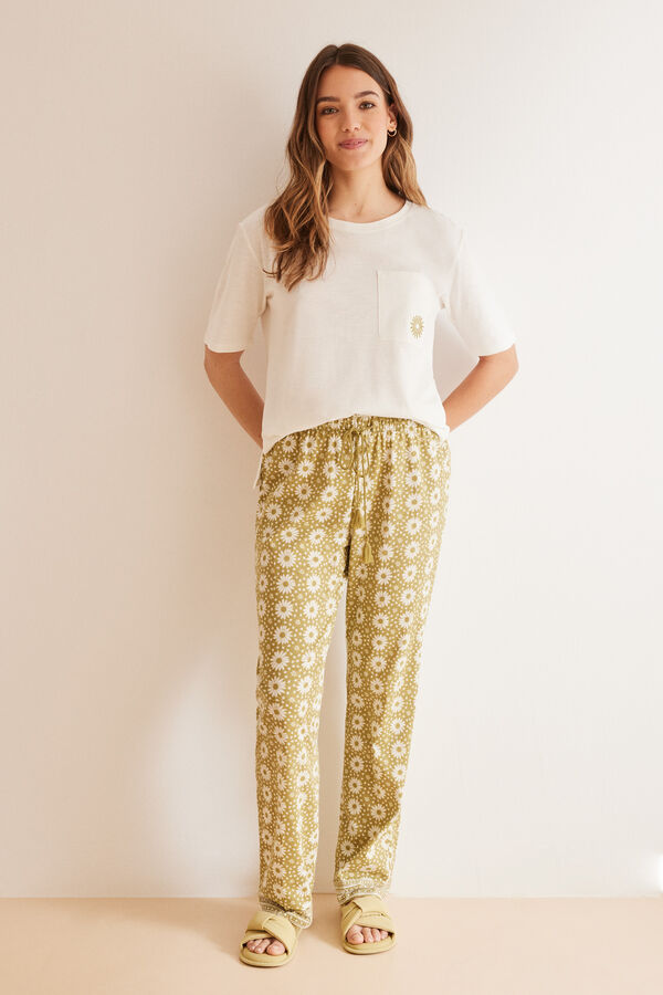 Womensecret Pyjama 100 % coton pantalon fleurs beige