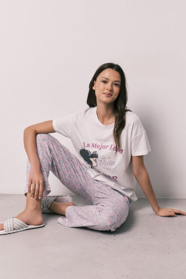 Women'secret Duga pamučna pidžama Mafalda sa cvetićima Bež