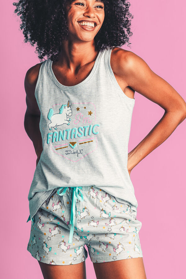 Mr. Wonderful Pijama feminino curto mangas sou fant&aacute;stico Sr. Maravilhoso cinzento