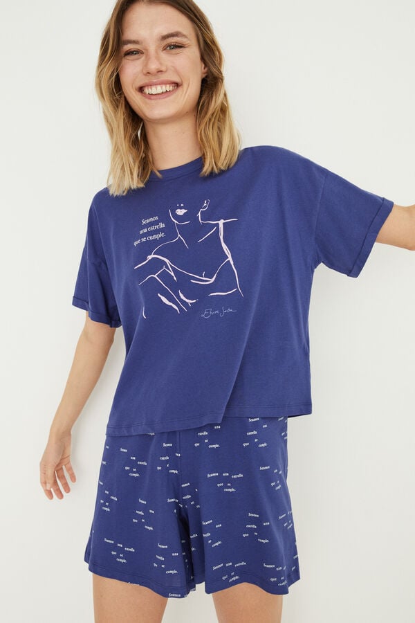 Womensecret Kurzer Pyjama Blau 100 % Baumwolle Blau