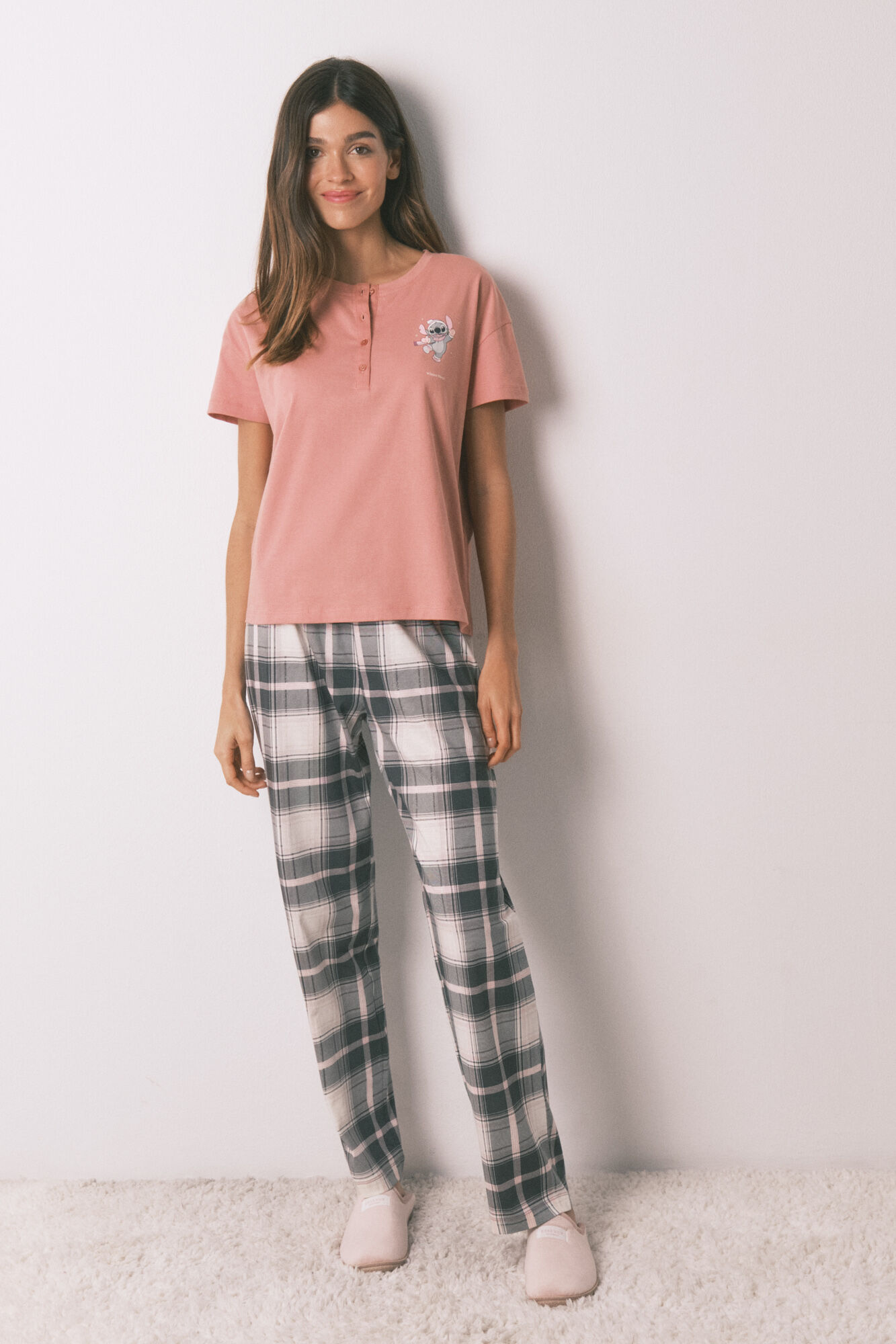 Women'secret Long pyjamas 100% cotton pink plaid Stitch