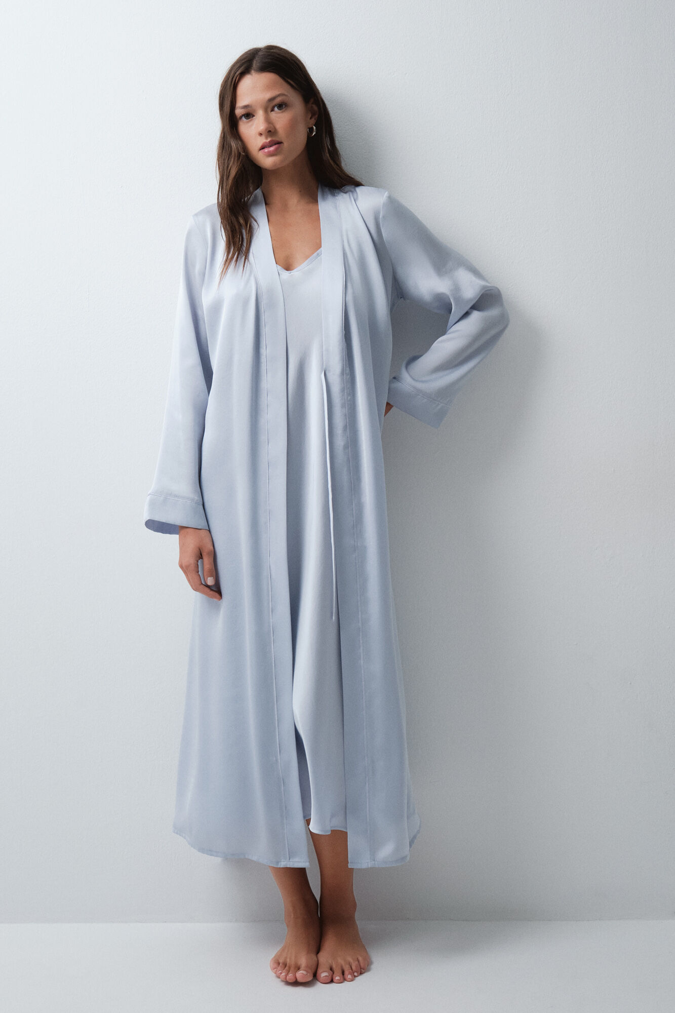 Women'secret Blue satin-finish long robe with belt
