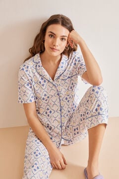 Womensecret Rombuszmintás, inges pizsama, 100% pamutból fehér