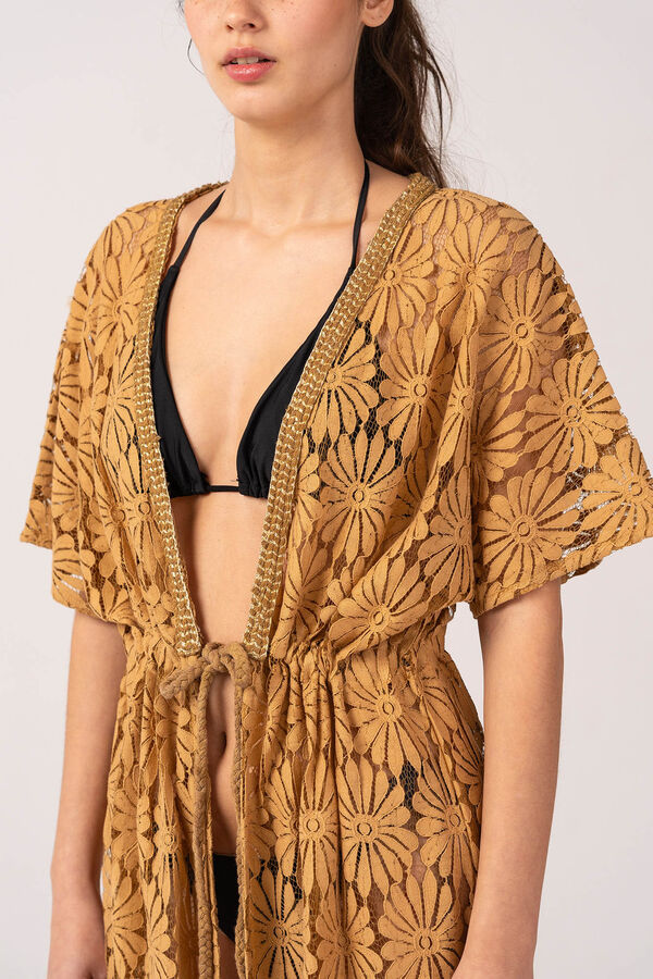 Womensecret Women's kimono with cotton lace in camel Bež