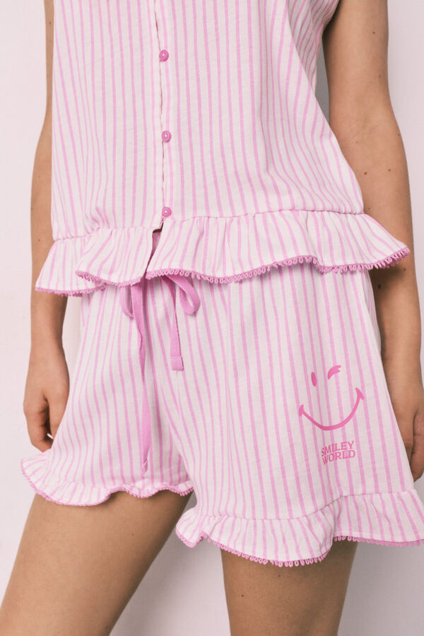 Women'secret Gestreifter Baumwoll-Pyjama mit R&uuml;schen und Tr&auml;gern SmileyWorld&reg; Rosa