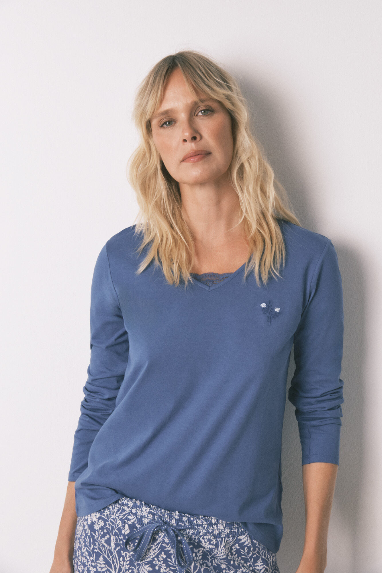 Women'secret Pijama comprido 100% algod&atilde;o com estampa floral azul