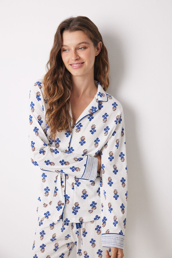 Womensecret Long shirt pajamas 100% cotton flowers blue