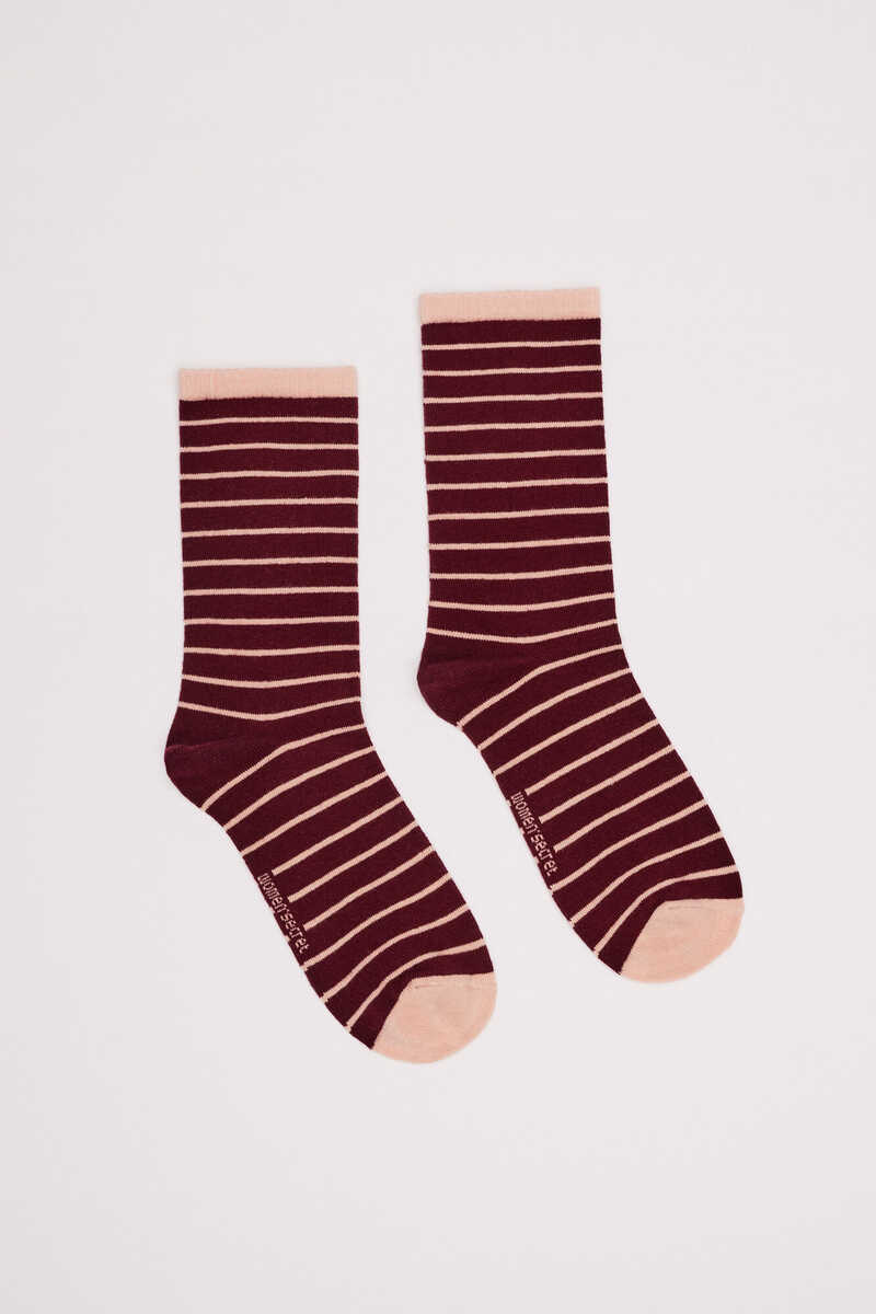 Womensecret Maroon striped cotton mid-calf socks pink