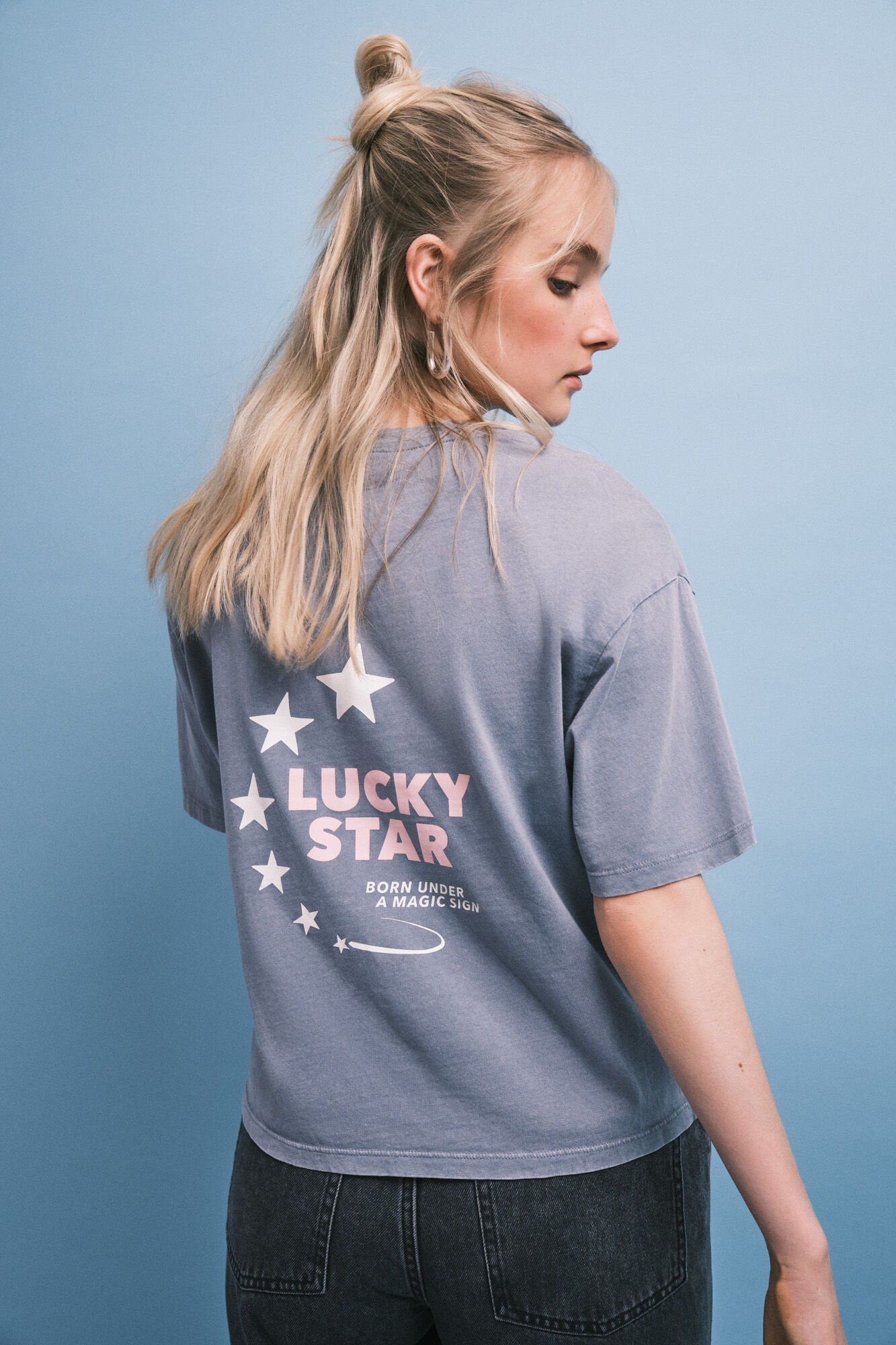 HI&BYE Blue cotton short sleeve T-shirt