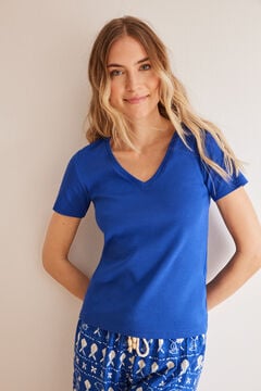 Womensecret Ribbed blue short-sleeved T-shirt  S uzorkom