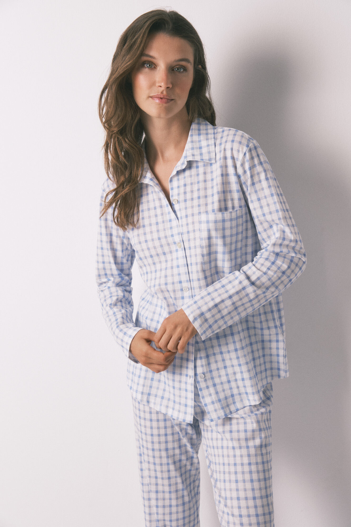 Women'secret Pijama camisero algod&oacute;n cuadros azul 