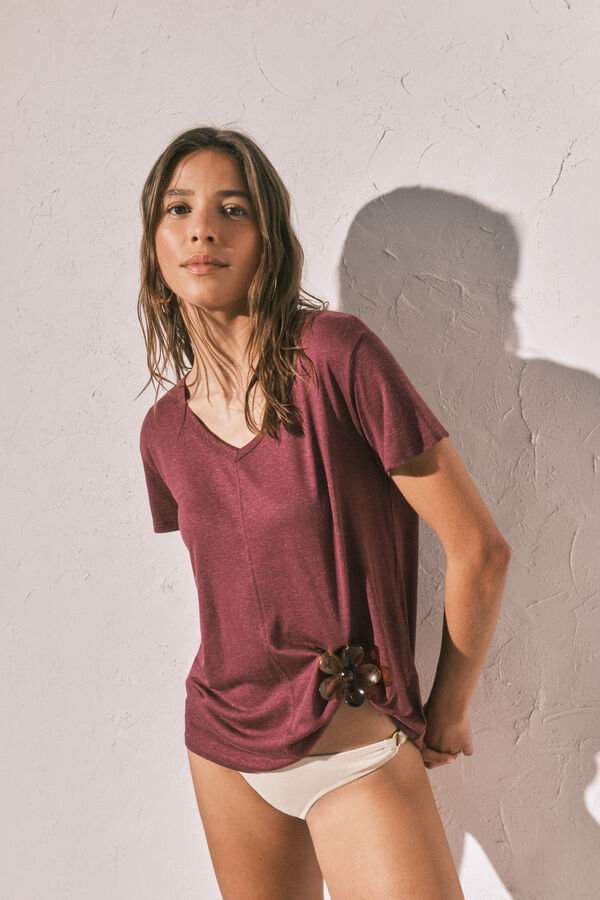Women'secret Maroon linen viscose short sleeve T-shirt printed