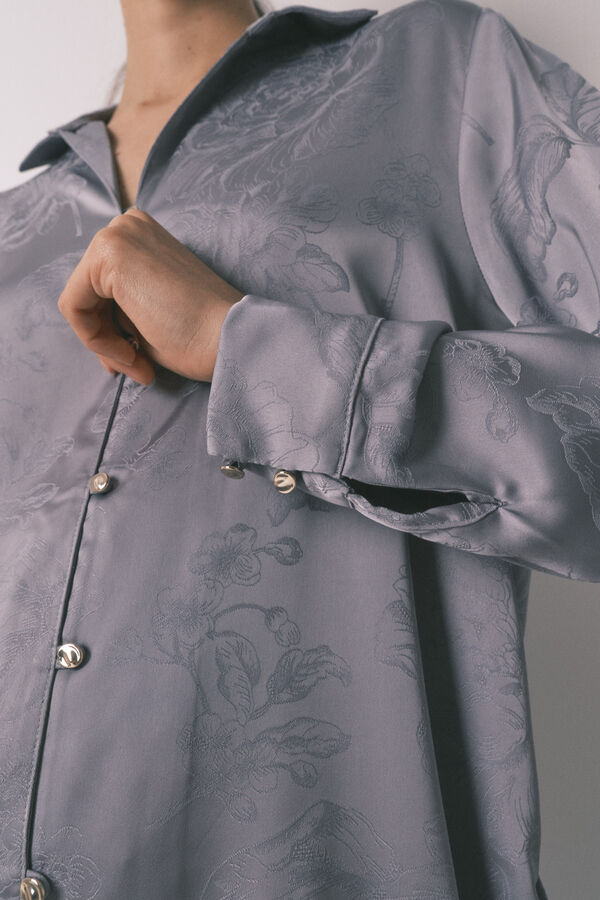 Women'secret Pijama camisero largo satén jacquard gris gris