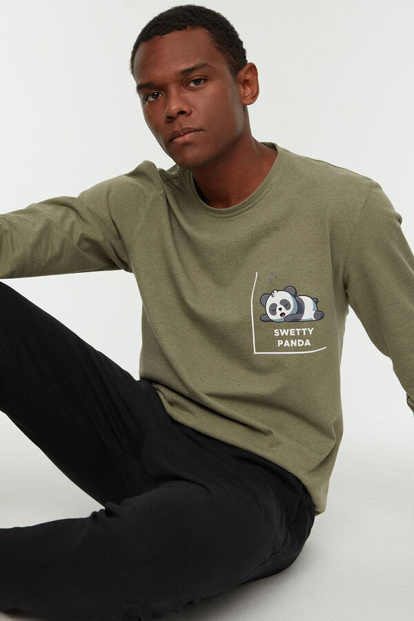 Trendyol Conjunto pijama liso hombre dibujo panda kaki