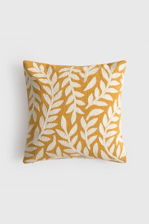 Textura Cotton cushion case with embroidered leaves printed