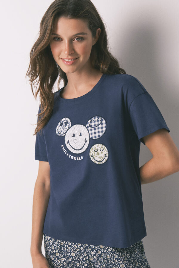 Women'secret 100% cotton blue Smiley Capri pyjamas blue