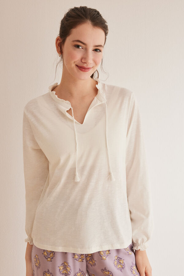 Womensecret Camiseta manga larga blanca escote pico 100% algodón marfil