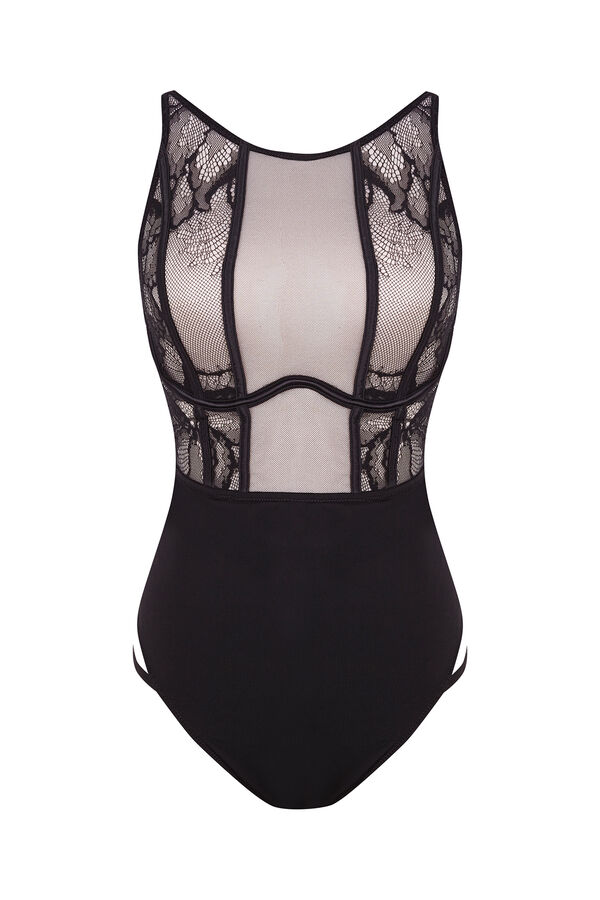 Womensecret Black lace and mesh halterneck bodysuit black