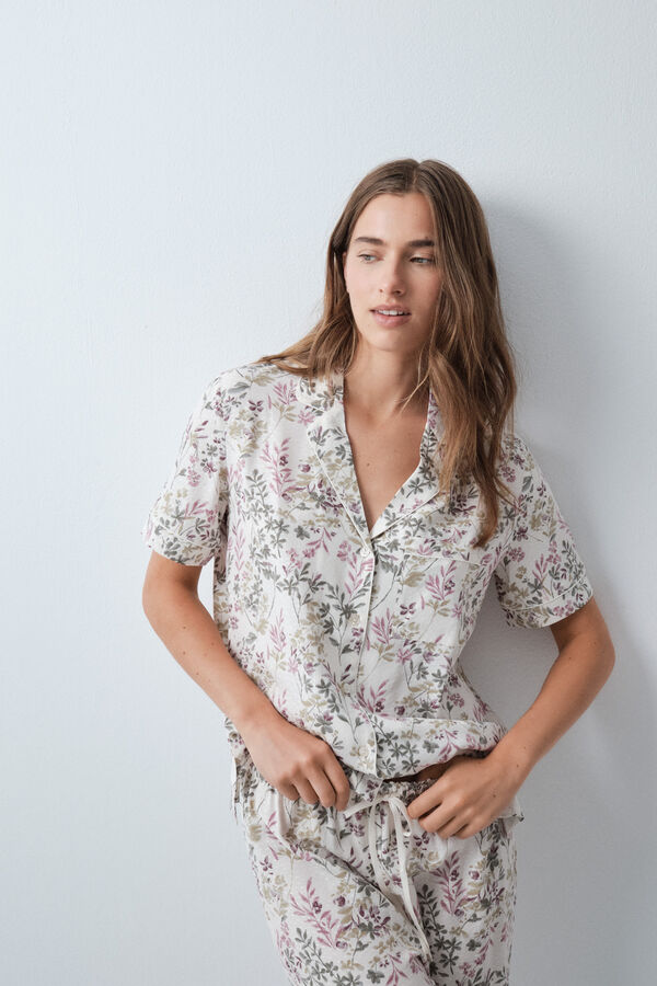 Women'secret Pyjama long chemise manches courtes &agrave; fleurs beige