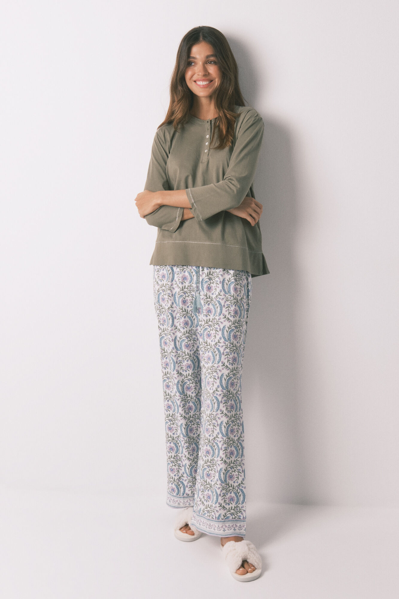 Women'secret 100% cotton khaki &frac34;- sleeve T-shirt 