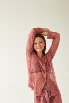 Womensecret Pijama comprido camiseiro renda cor-de-rosa rosa