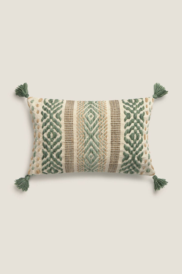 Textura Funda coj&iacute;n bordado pompones verde