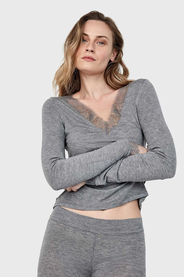 Gisela Thermal V neck T-shirt with lace grey