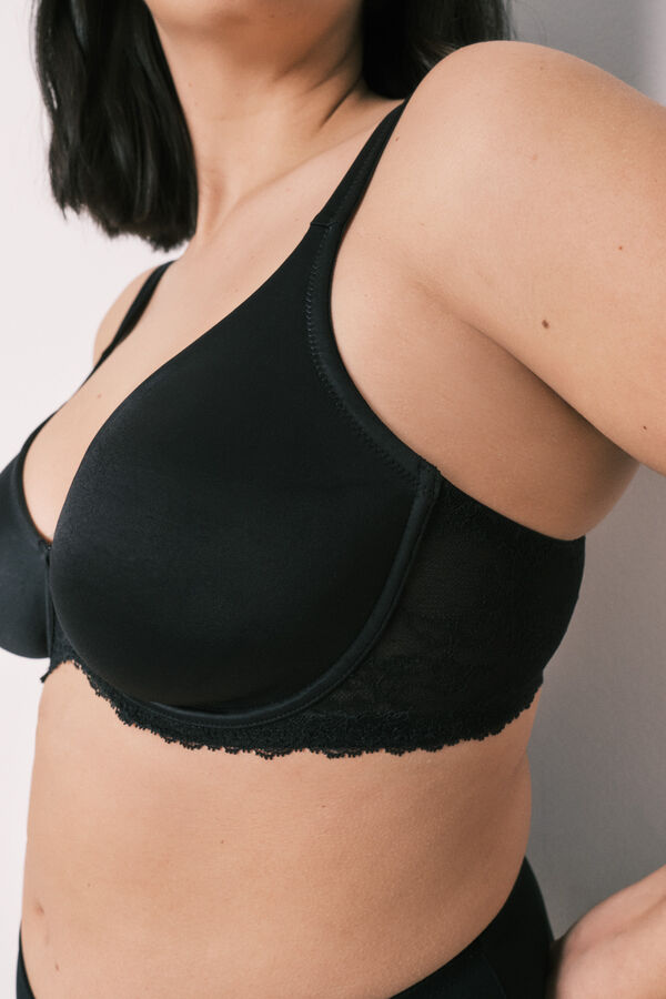 Women'secret Black microfibre and lace minimiser bra REAL black