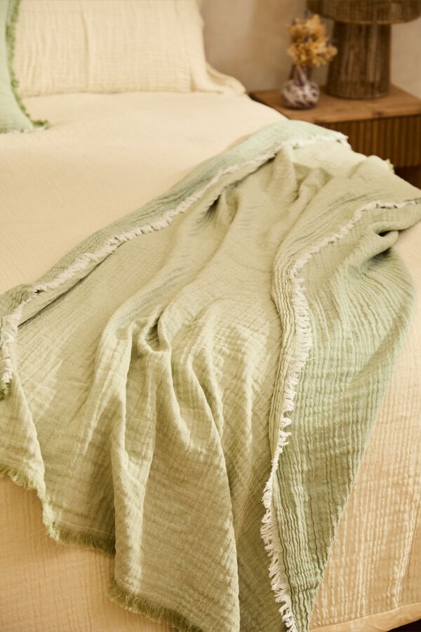Calma House Plaid muslin fringed 120x180 green