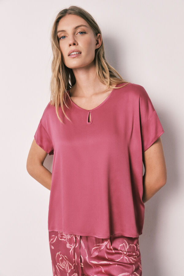 Women'secret Burgundy satin-finish short sleeve long pyjamas pink