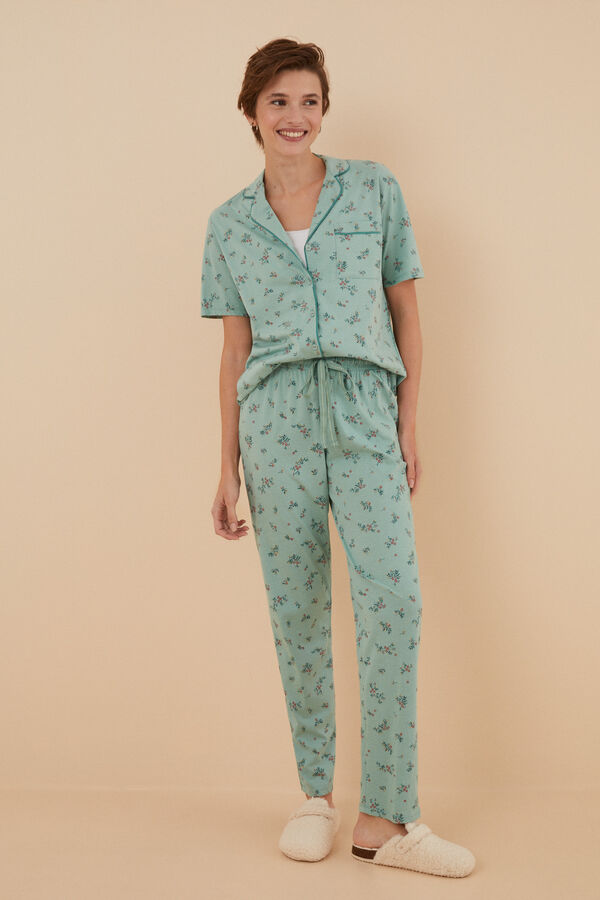 Womensecret Virágmintás, inges pizsama 100% pamutból zöld