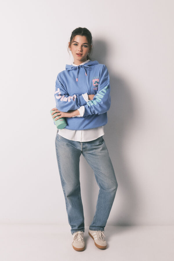 HI&BYE Blue cotton fleece hooded sweatshirt blue