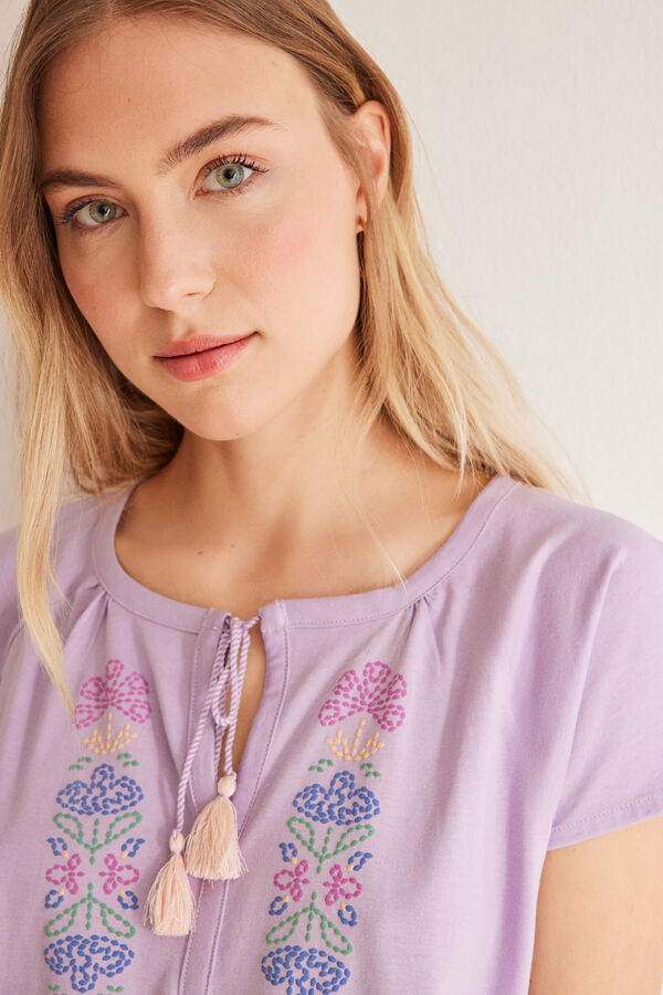 Womensecret Pijama 100% algodón étnico bordado morado/lila
