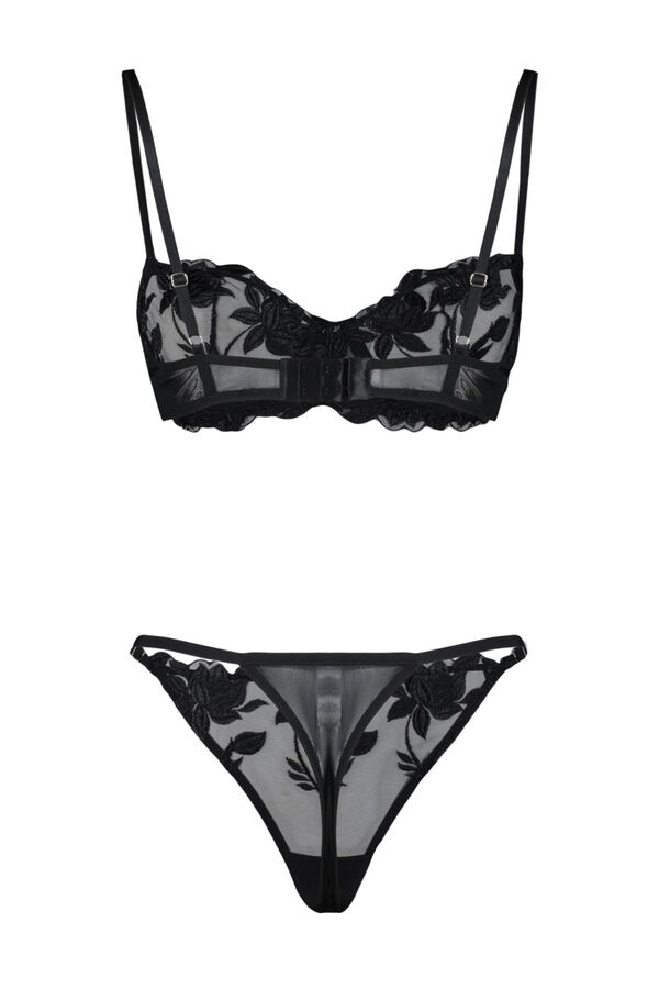Trendyol Conjunto de encaje floral de sujetador y braga tanga negro