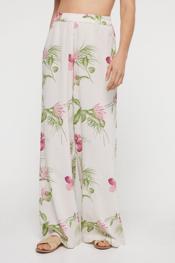 Womensecret Women's flowing trousers in 100% cotton. Floral print and elasticated waist. Bež