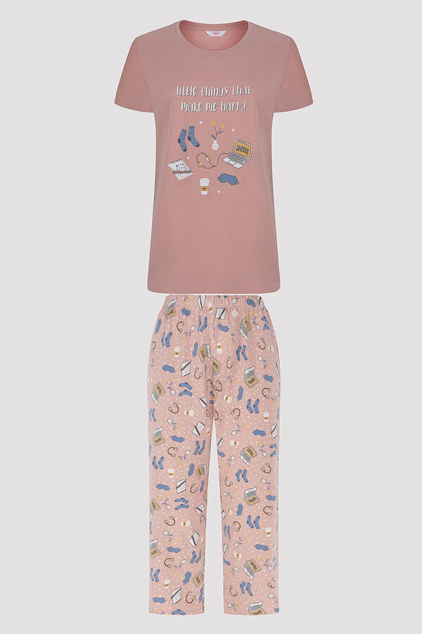 Womensecret Conjunto de pijama con camiseta y pantalón pesquero Happy rosa