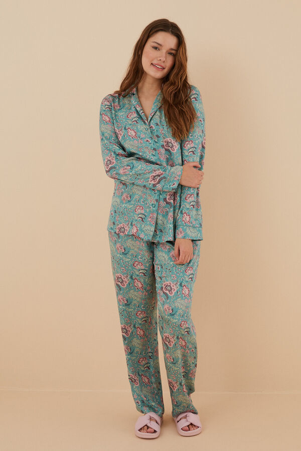 Womensecret Pyjama Hemdlook Blumen Viskose Satin Grün