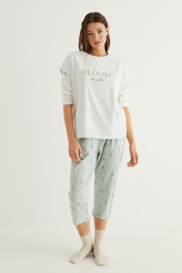 Womensecret Langer Pyjama Blumen 100 % Baumwolle in Grau Grau