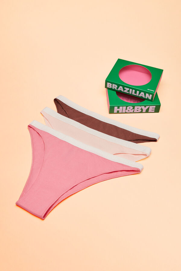 Womensecret Pack 3 braguitas brasileñas algodón logo rosa, blanco y marrón 