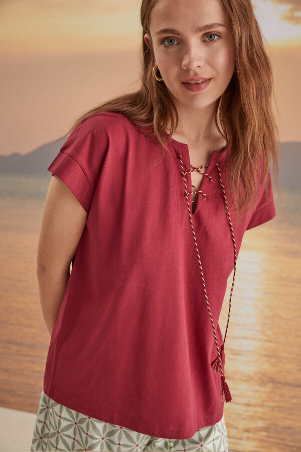 Womensecret T-shirt 100% algodão decote cordão cruzado grená vermelho