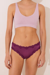 Women'secret Shiny microfibre Brazilian panty with wine lace